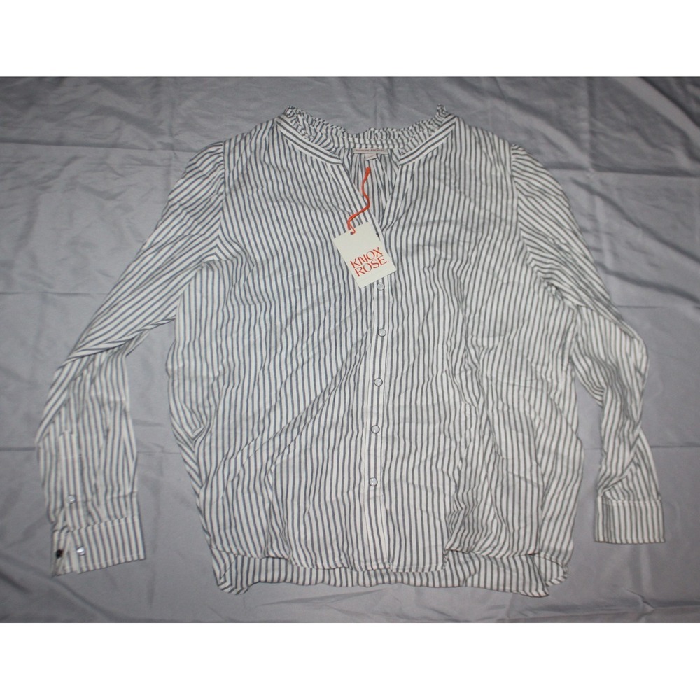 NWT Knox Rose Fiery White and gray Boho Stripe Button Down Shirt Blouse Size XL